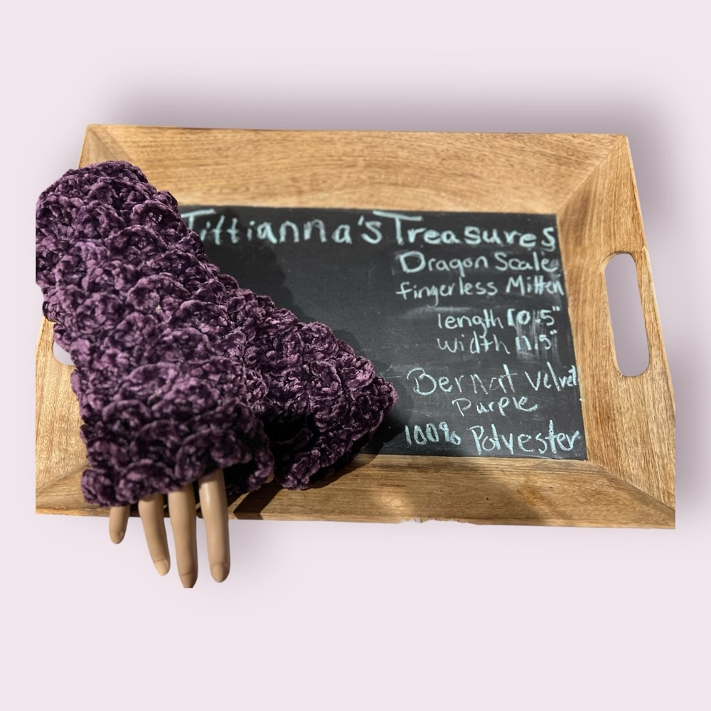 Crochet Dragon Scale Fingerless Mittens/Sleeves - Bernat Velvet Purple